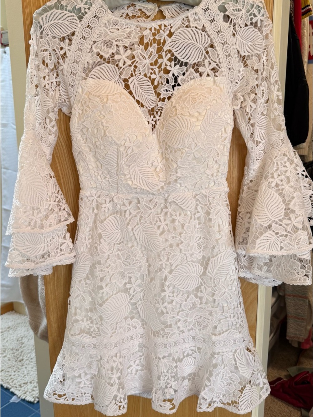 bebe White Lace Backless Fit-and-Flare Dress